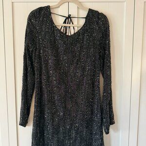 MLV Deep Navy Beaded Mini Dress Long Sleeve Open Back Sequin Cocktail